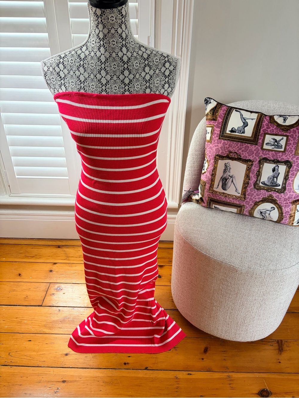 Strapless Red and White Striped Knit Tube Dress